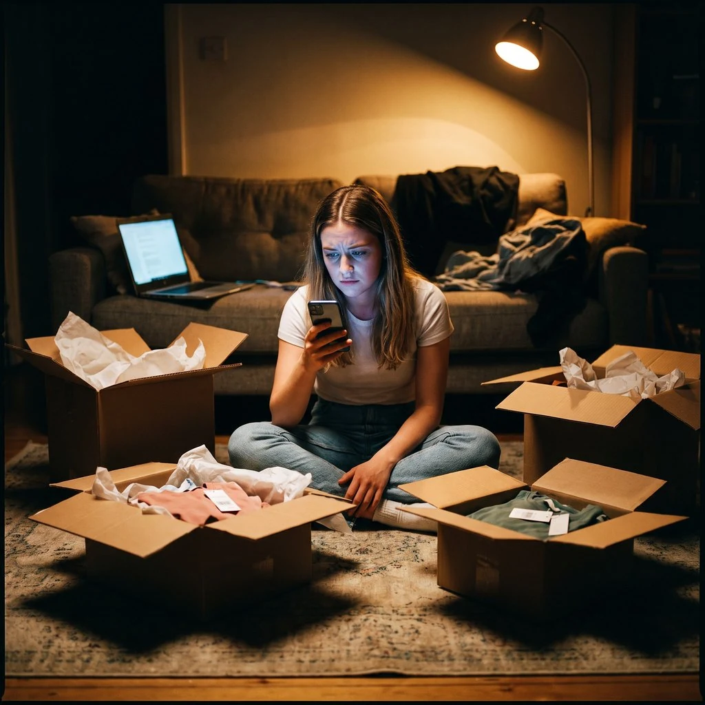 A young woman sitting among opened delivery parcels, checking a payment reminder on her phone