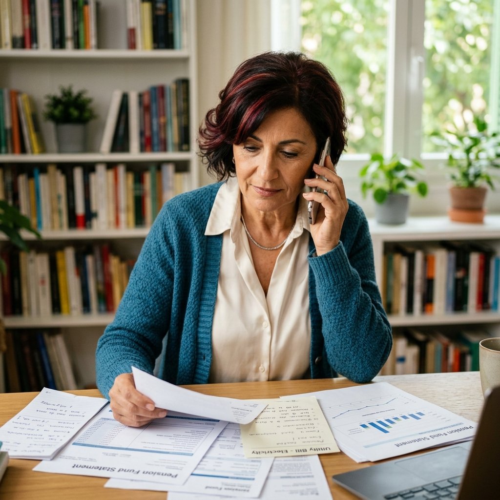 Retired teacher on phone surrounded by pension papers
