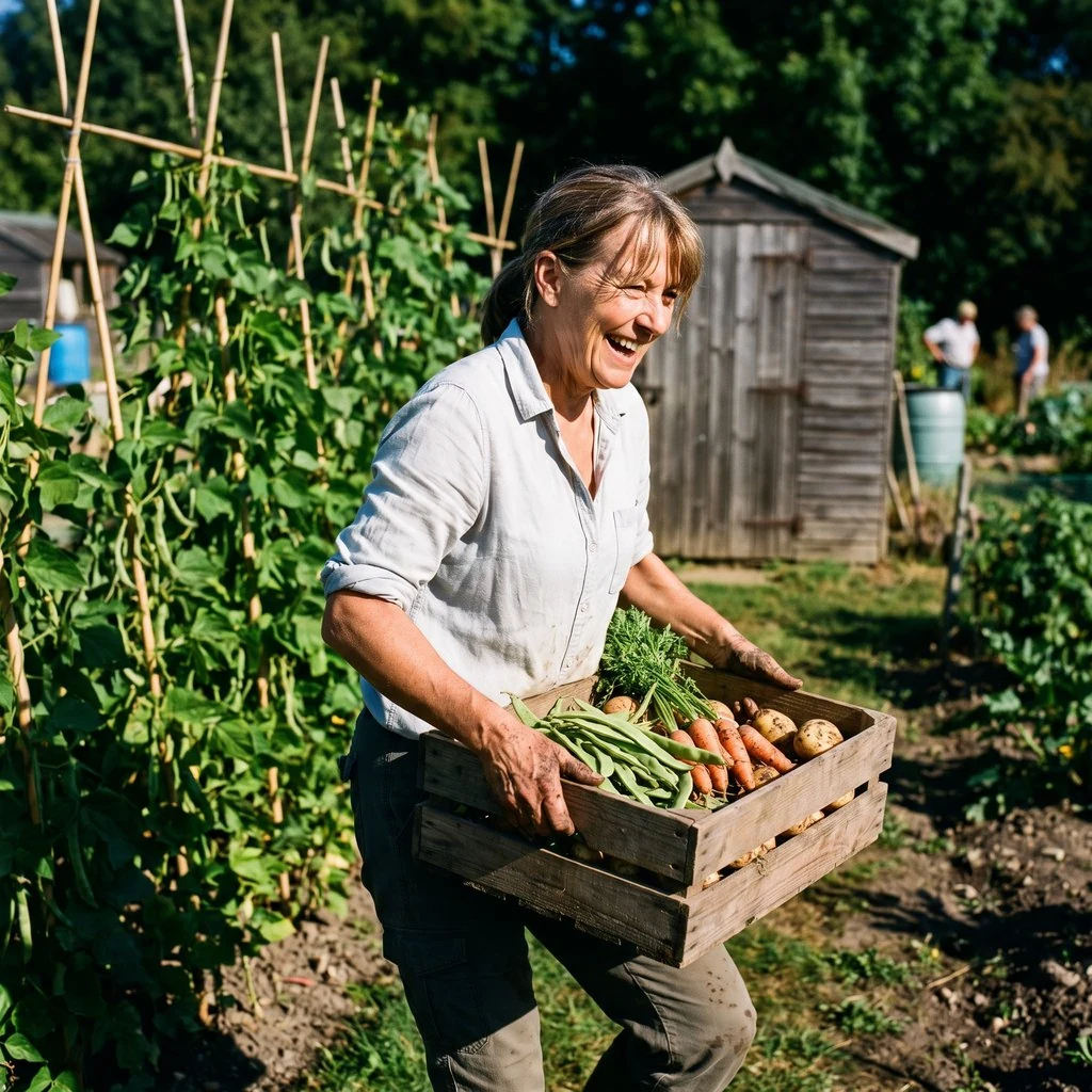 A woman in her sixties lifting a crate of freshly picked vegetables on her allotment