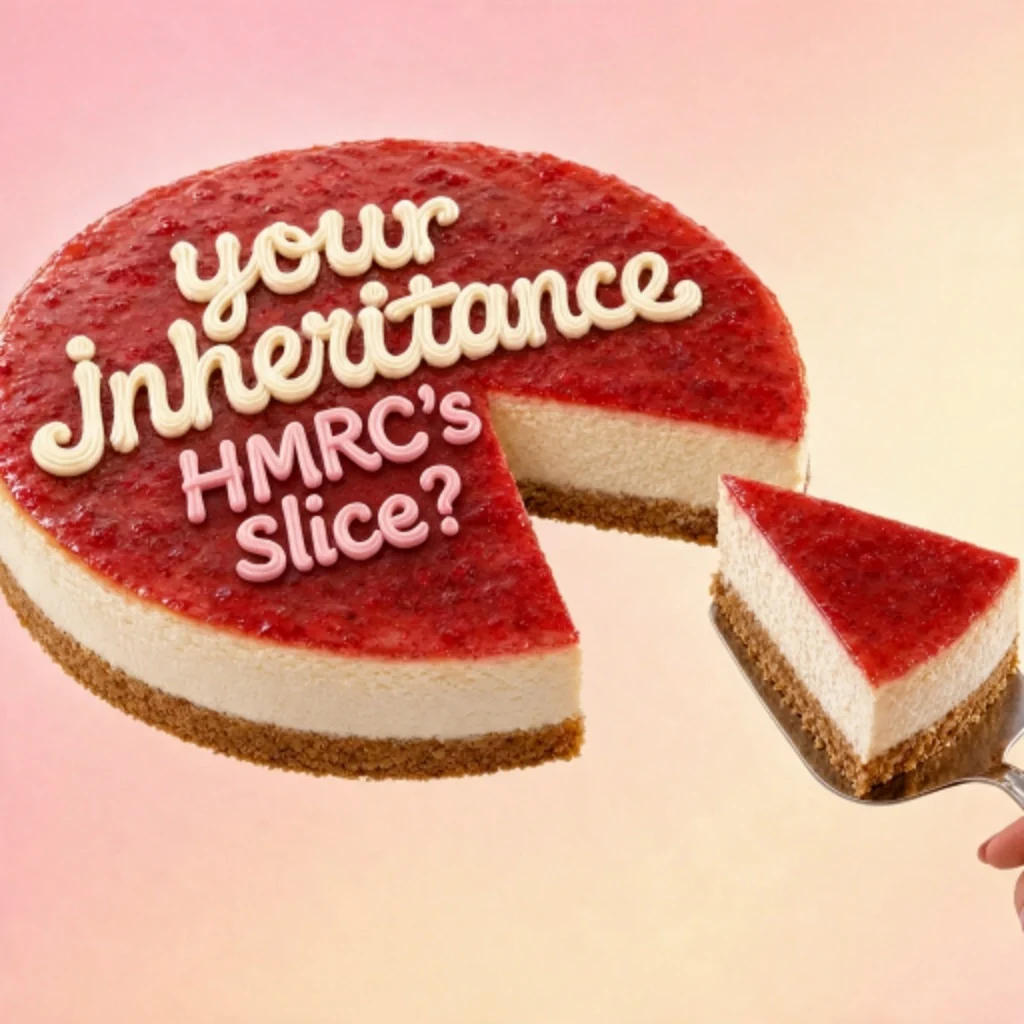 A cheesecake with one slice being lifted away, captioned &lsquo;your inheritance &mdash; HMRC&rsquo;s slice?&rsquo;